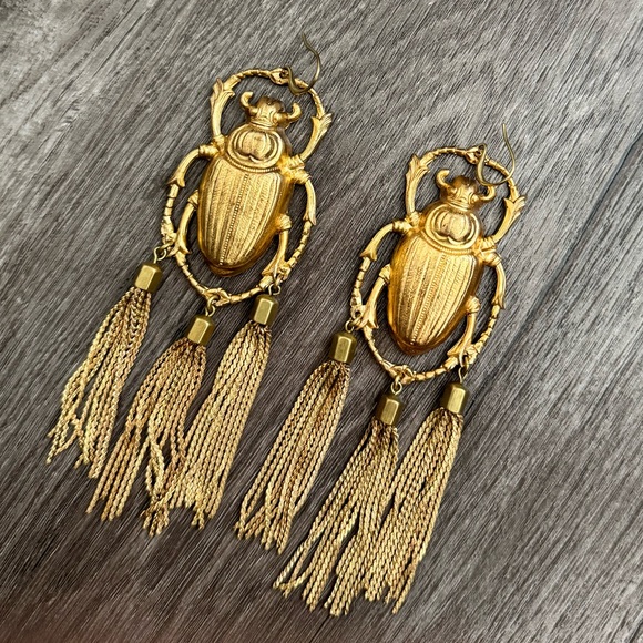 Fera Via Jewelry - Handmade vintage brass scarab tassel earrings